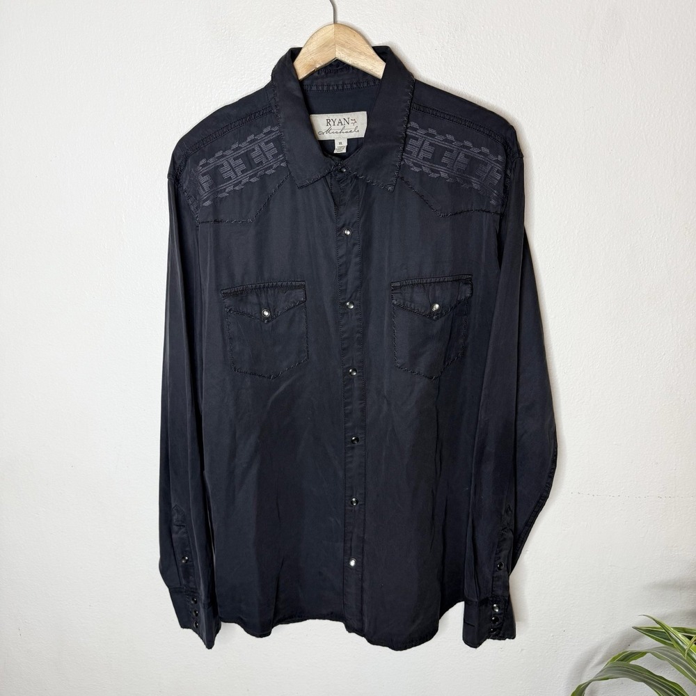 Ryan Michael Long Sleeve Silk Cotton Black Western Snap Up Shirt Men's XL